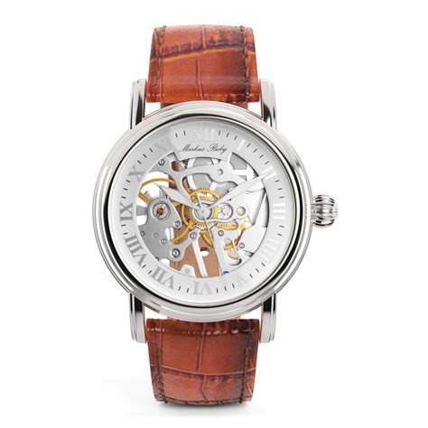 skeleton mechanical brown leather white dial markus ruby watches