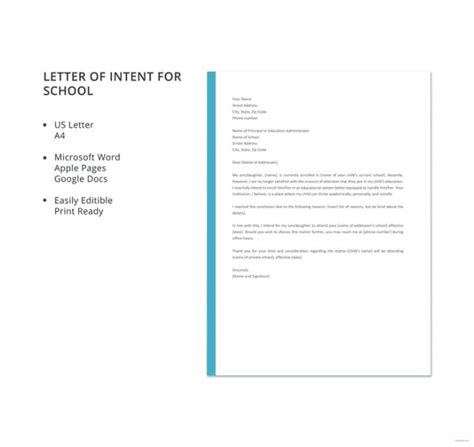 school letter  intent templates    premium templates