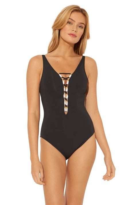 Bleu Rod Beatties Cruise Control Lace Up Plunge One Piece Swimsuit In