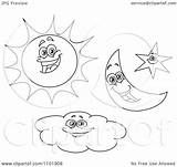 Moon Sun Cloud Star Outlined Clipart Crescent Characters Illustration Happy Vector Royalty Yayayoyo Background sketch template