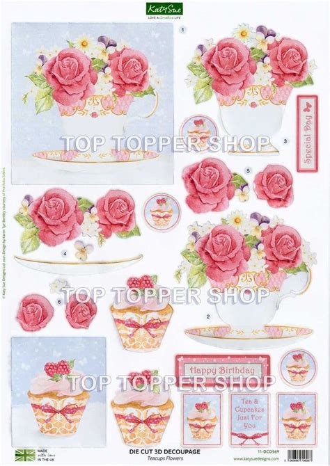 teacup flowers cake  die cut decoupage sheet katy sue designs