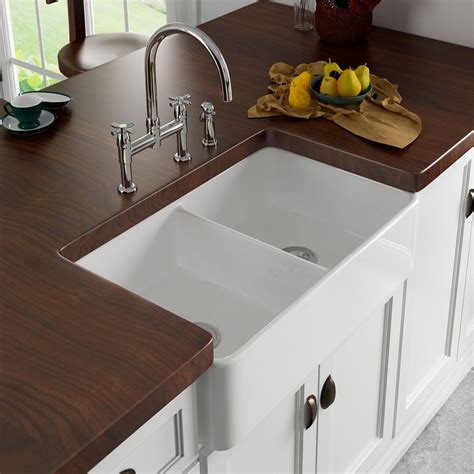 double farmhouse sink glossy white finish centered drains flat front