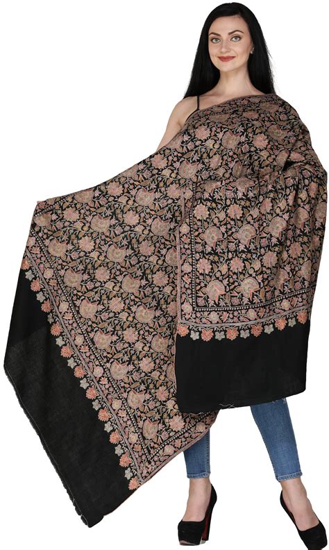midnight black pure pashmina handloom shawl  kashmir  sozni