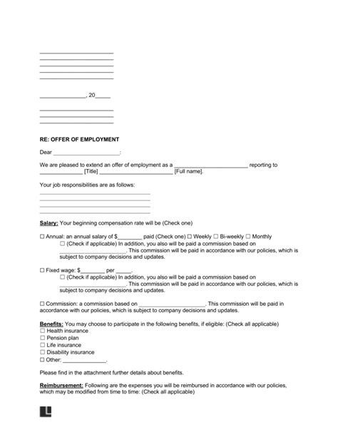 employment offer letter template  word