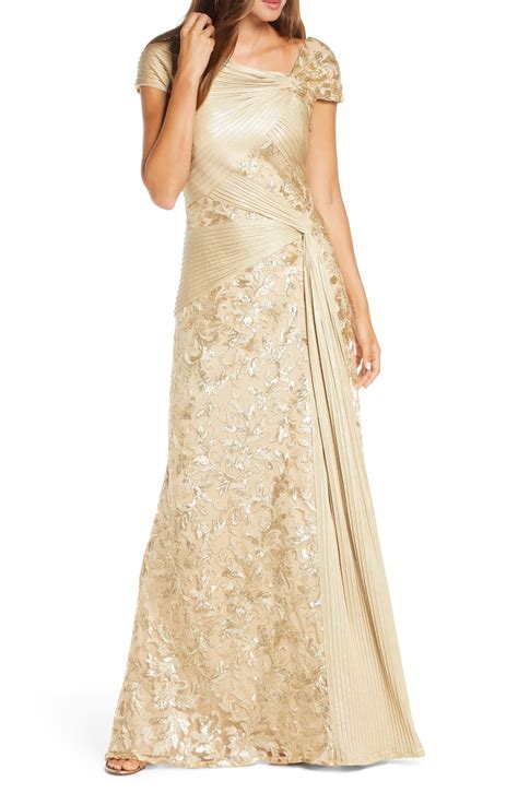 tadashi shoji pintuck wrapped embroidered lace gown in gold metallic