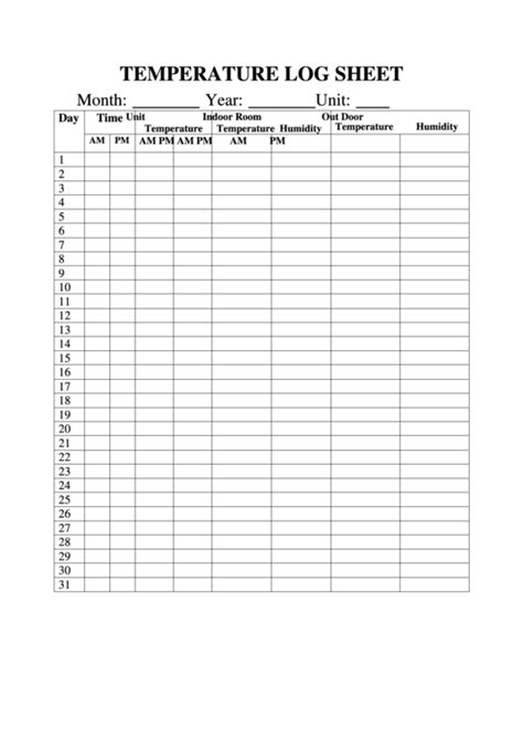general temperature log sheet printable