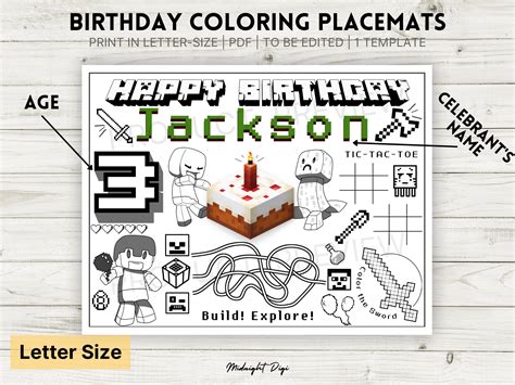 minecraft birthday coloring placemat personalized coloring etsy