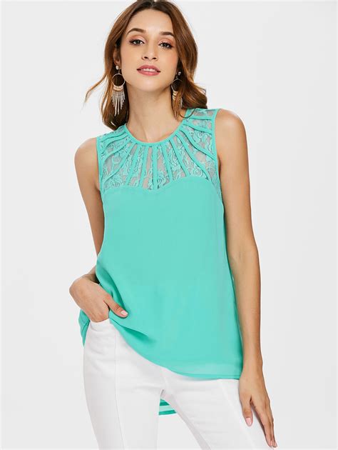 Kenancy Lace Strappy Panel Sleeveless Chiffon Blouse In Tank Tops From
