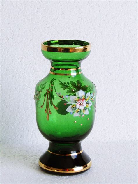 Vintage Small Green Murano Glass Vase Italian Hand Painted Etsy