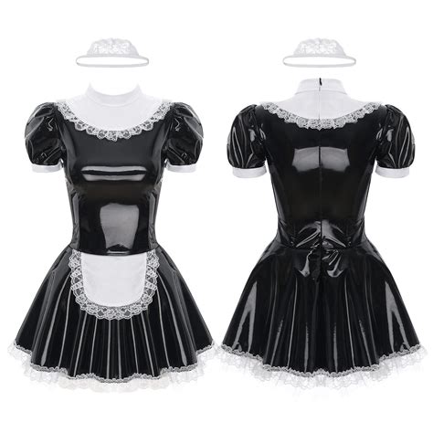 Womens French Maid Cosplay Costume Outfits Shiny Pvc Leather Dress And