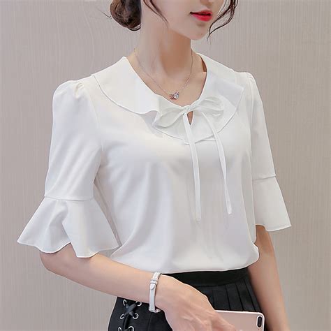 Casual Cute Chiffion Blouse Shirt Summer Korean O Neck Flare Sleeve