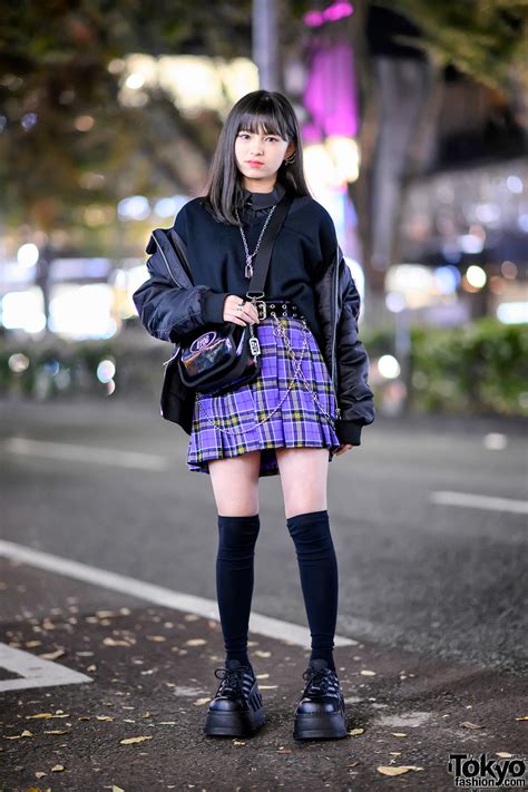 harajuku girl in platforms and purple plaid skirt w never mind the xu