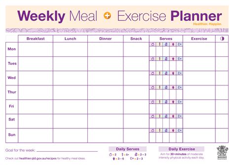 weekly meal exercise planner allbusinesstemplatescom