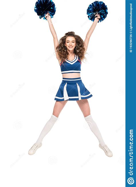Cheerleader Girl In Blue Uniform And Gaiters Jumping With Pompoms