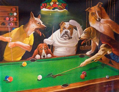 4 sin marco cómico de impresión de perros jugando pool por