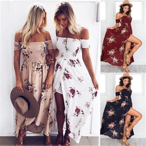 2017 Long Summer Beach Dress Women Sexy Off Shoulder Floral Maxi Dress