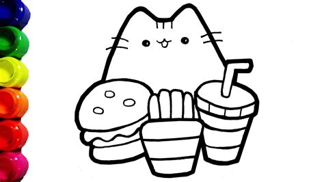 draw  cute cat eating fast food drawing  painting