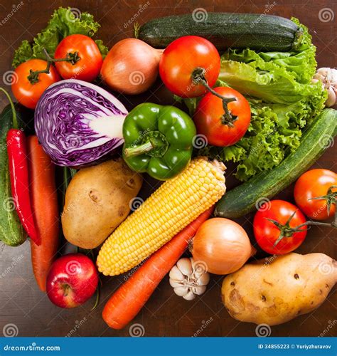 healthy vegetables   wooden table stock  image