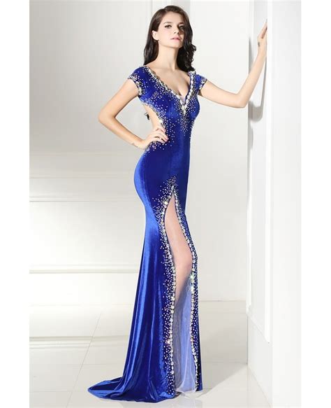 Sexy Mermaid Beaded Royal Blue Slit Backless Prom Dress