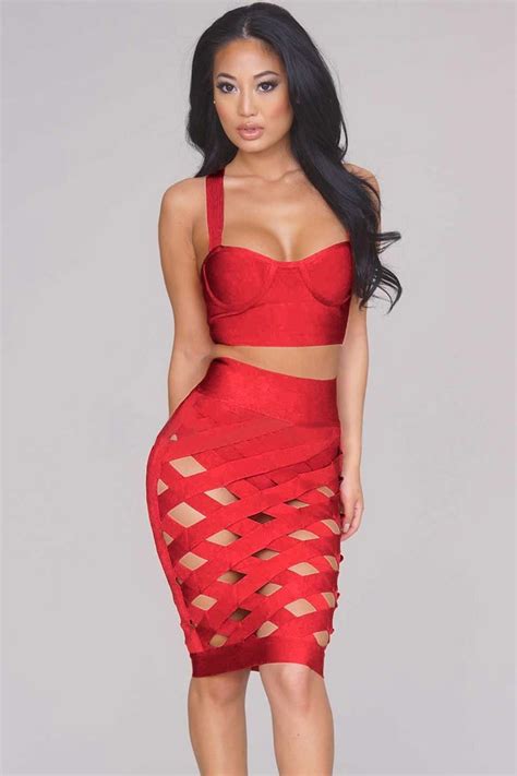 Red Straps Cross Back Cut Out 2pc Club Dress 021693