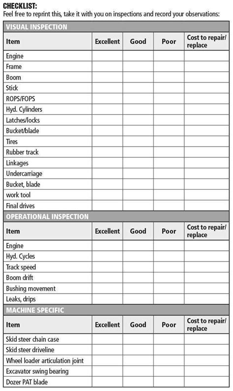 printable equipment inspection checklist template printable templates