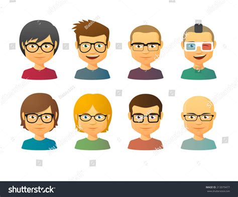 Set Of Male Avatars Wearing Glasses With Various Hair Styles Stock
