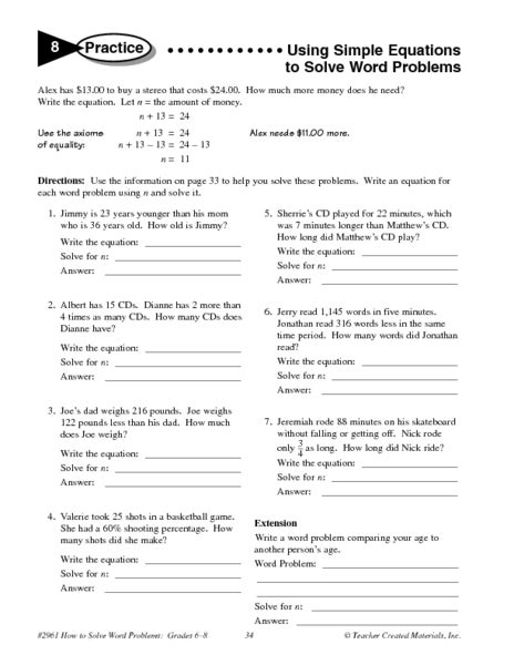 simple equations  solve word problems worksheet