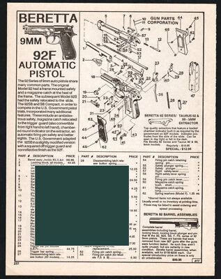 beretta  mm automatic pistol schematic exploded parts list ebay
