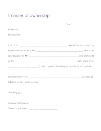 ownership transfer letter templates sample  format