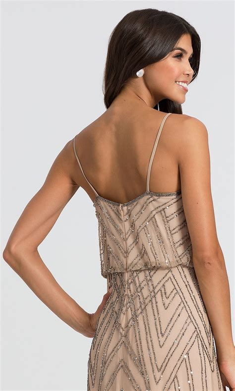 adrianna papell taupe long beaded bridesmaid dress