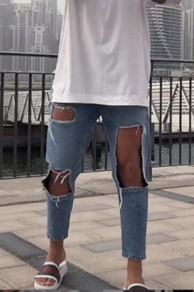 men s new fashion plain knee cut light blue ripped slim fit jeans with
