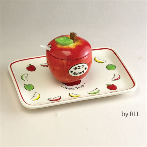 ceramic apple honey dish set  tray spoon temple traditions gift