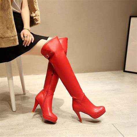 2017 New Elegant Red Sexy High Heels Boots Women Pointed Toe Long Boots