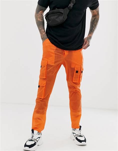 asos design tapered sheer cargo pants  orange asos