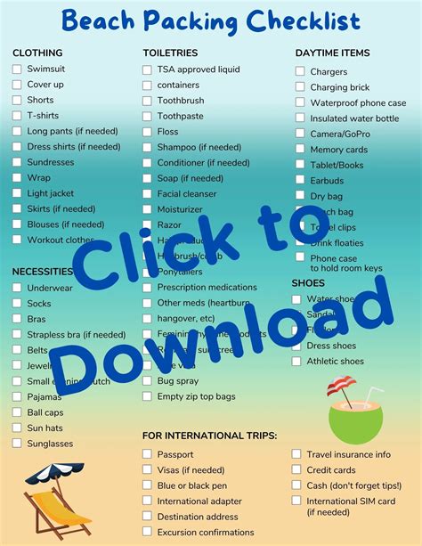 beach vacation packing list  printable    pack light
