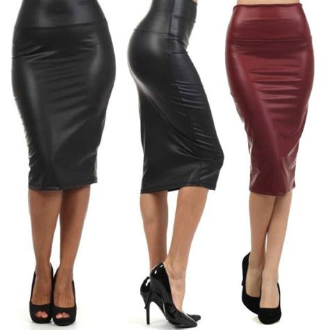 free shipping plus size high waist faux leather pencil skirt black