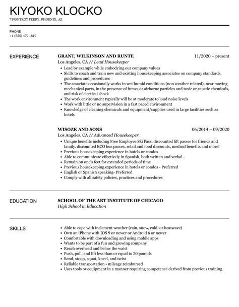 housekeeper resume samples velvet jobs