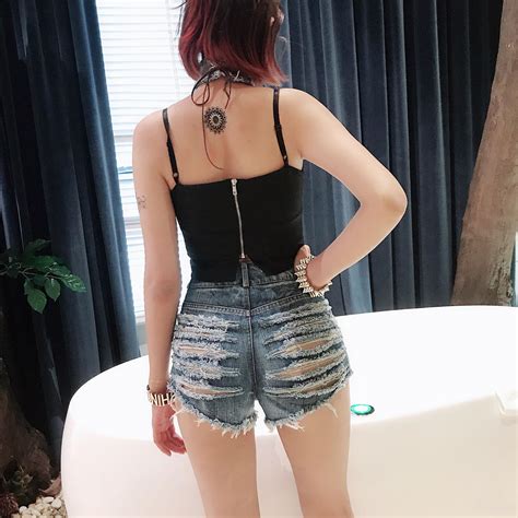 2019 vintage hole women jean denim tassel shorts feminino high waist