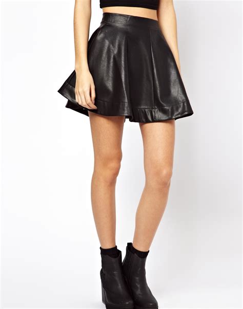 Asos Exclusive Leather Look Skater Skirt In Black Lyst