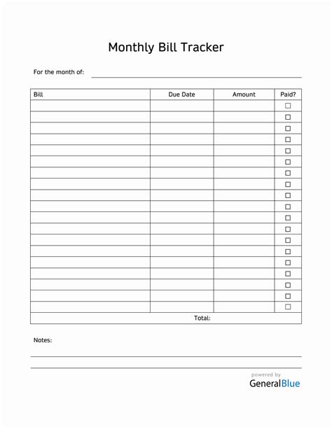 monthly bill tracker  word printable