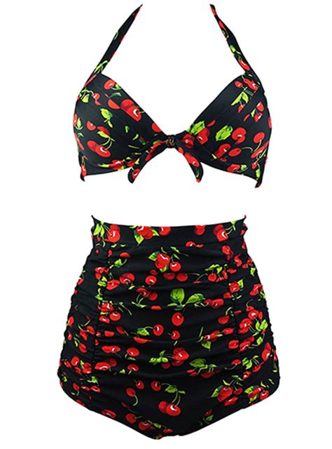 retro style high waisted two piece swimwear black red green