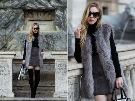 holiday texture faux fur vest suede mini skirt   knee boots meagans moda