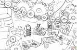 Coloring Steampunk Pages Gears Drawing Printable Puzzle sketch template