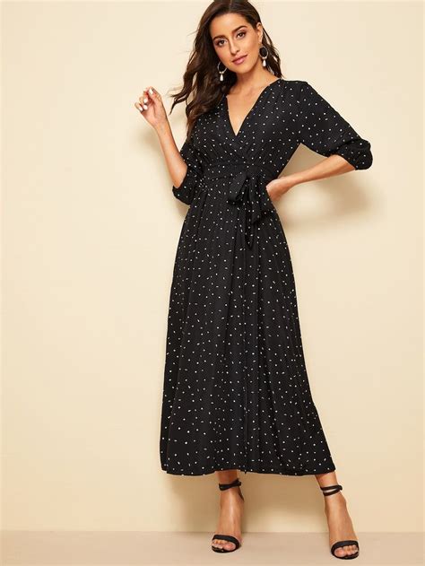 Confetti Print Bishop Sleeve Belted Maxi Dress Shein Maxi Dress