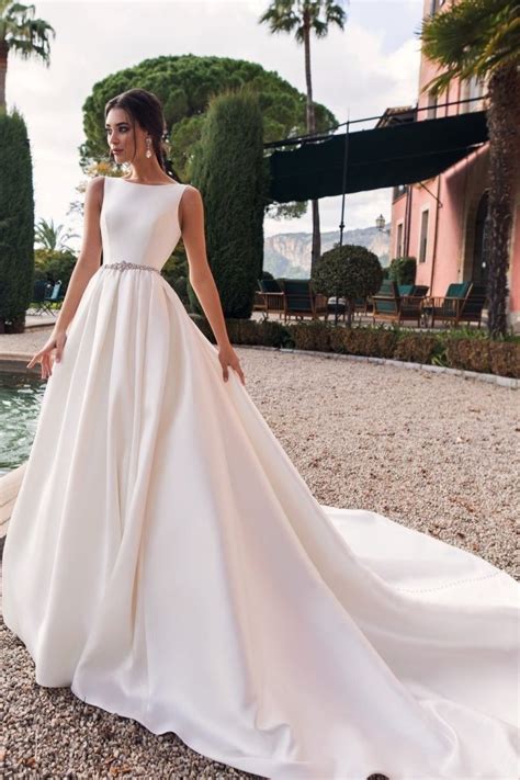 Royal Simple Satin Wedding Dress High Neck With Long Train