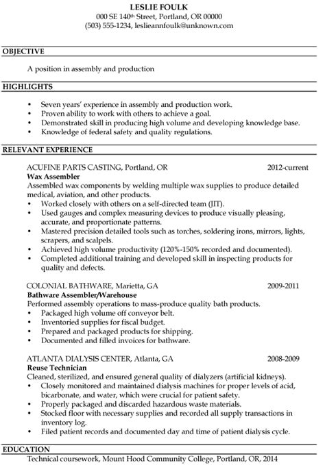 resume sample assembly  production