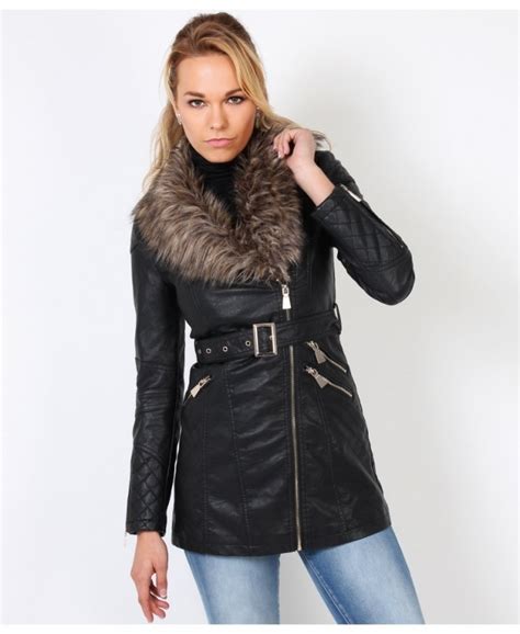 fur collar panelled leather jacket black winter wear