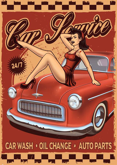 Pin Up Rerto Poster With Girl And Classic Car Download