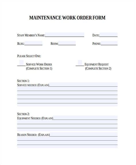 printable maintenance work order template printable templates
