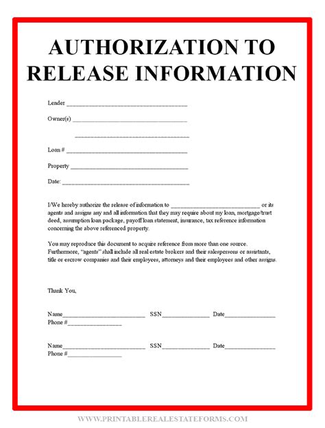 release  information forms printable blank template